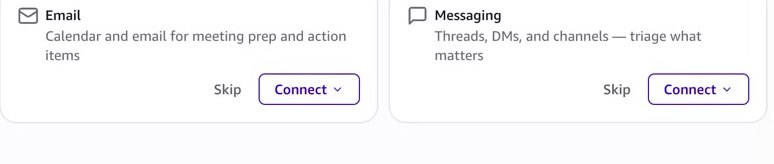 真实桌面引导画面局部：Email和Messaging连接入口。先连接哪一项由当前任务决定。