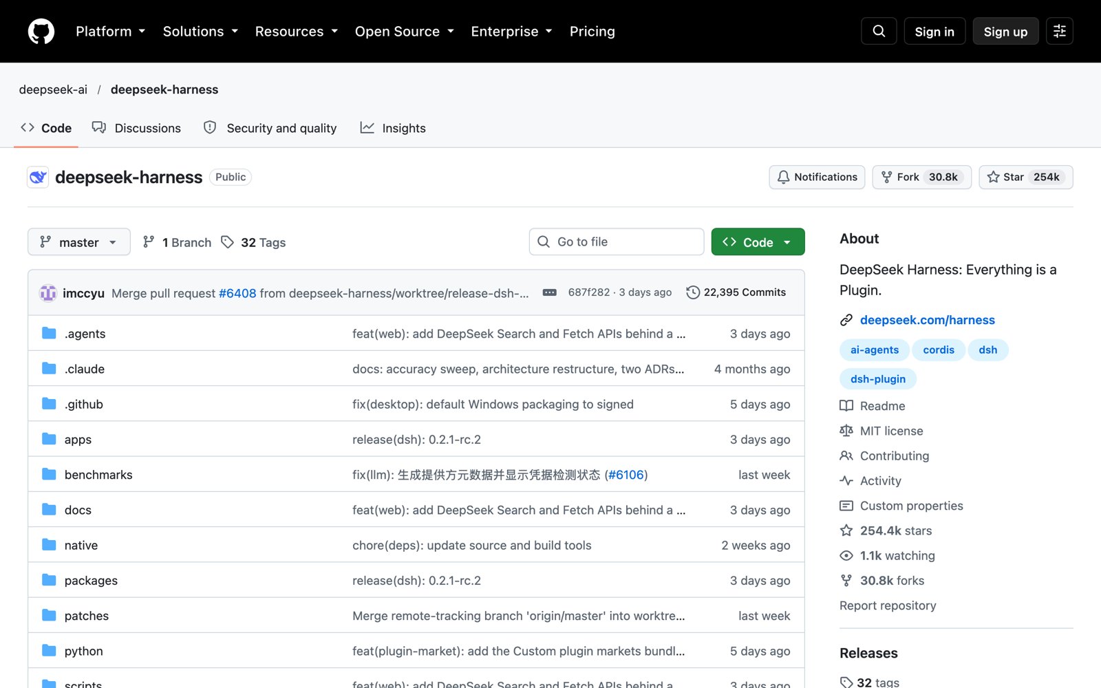 deepseek-harness 仓库首页，Star 254k，22,395 Commits