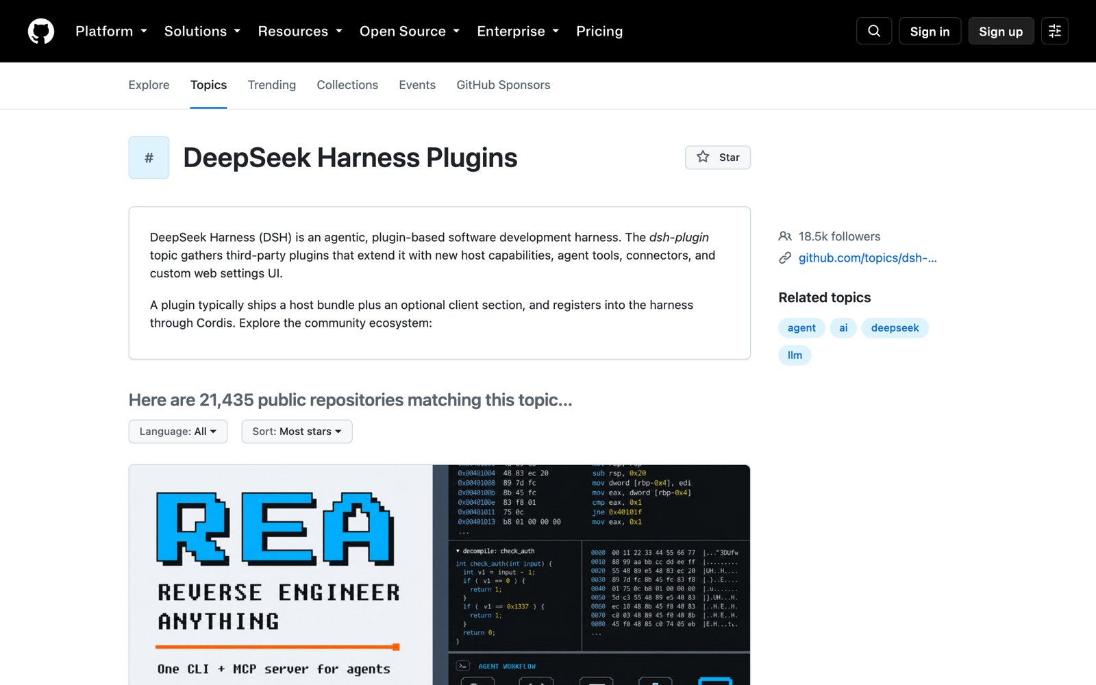 GitHub dsh-plugin 话题页，21,435 个仓库