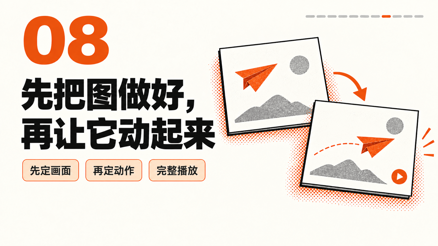 视频技巧08｜先把图做好，再让它动起来；教学要点卡，非产品界面。